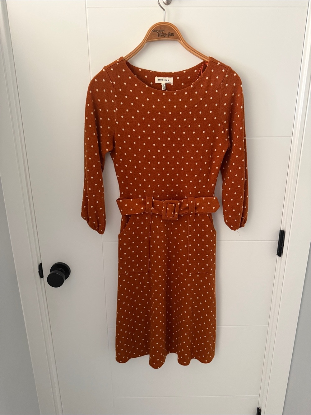 Monteau Rust Polka Dot Belted Midi Dress size XS
